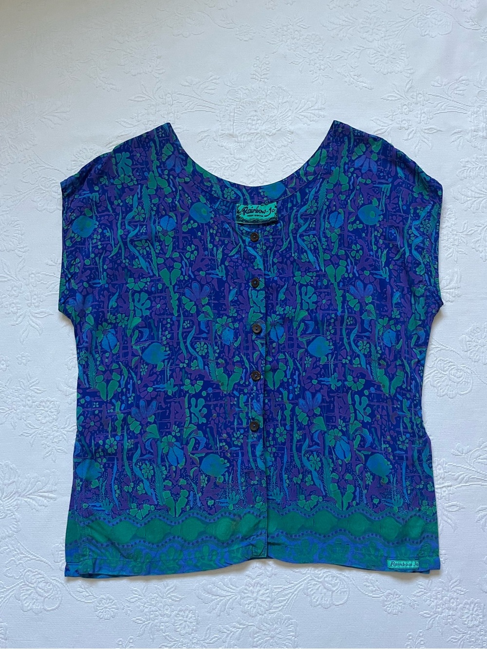 Vintage Rainbow-Jo Hawaii Women's Button Botanical Teal Purple Large Blouse